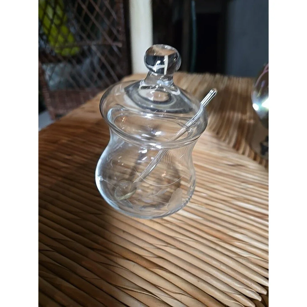 Vintage Princess House Etched Crystal Jelly Jar w/ Lid and Spoon